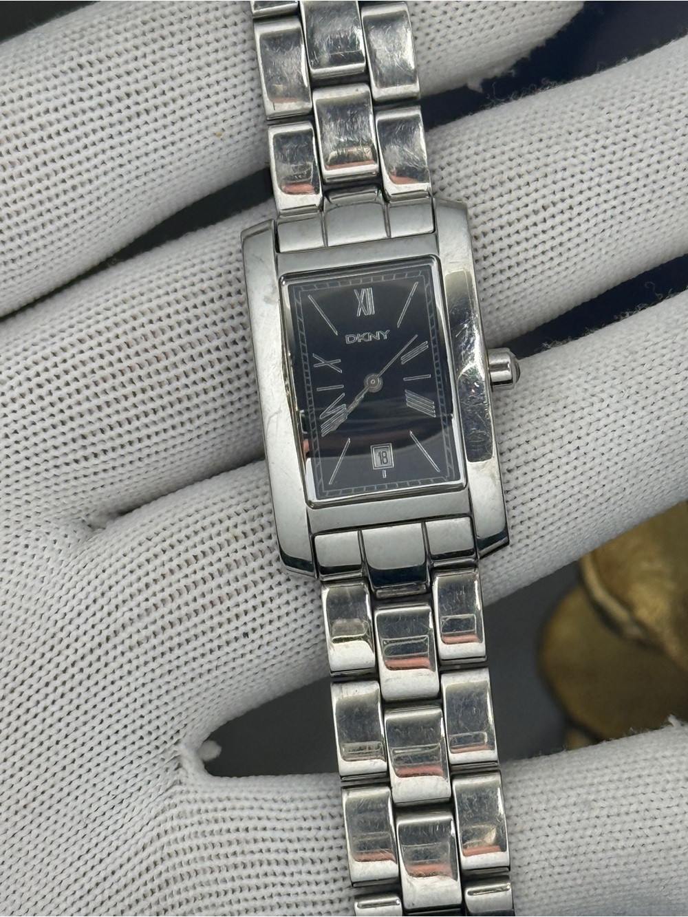 DKNY Silver Bracelet Watch with Black Rectangular Dial Womens